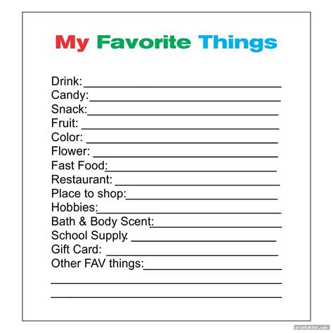 Printable Favorite Things List